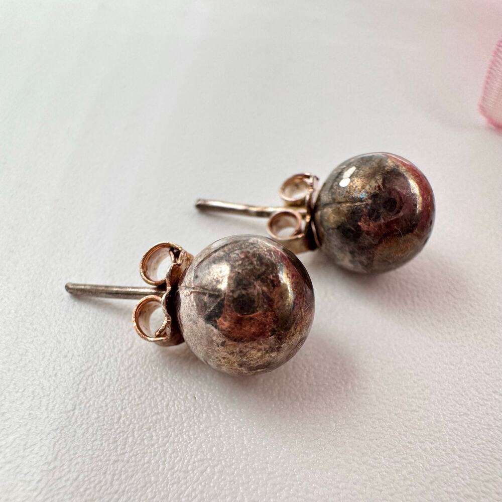 Vintage Silver Ball Sphere Stud Earrings With Patina Acid Tested 7 mm 1.48 g